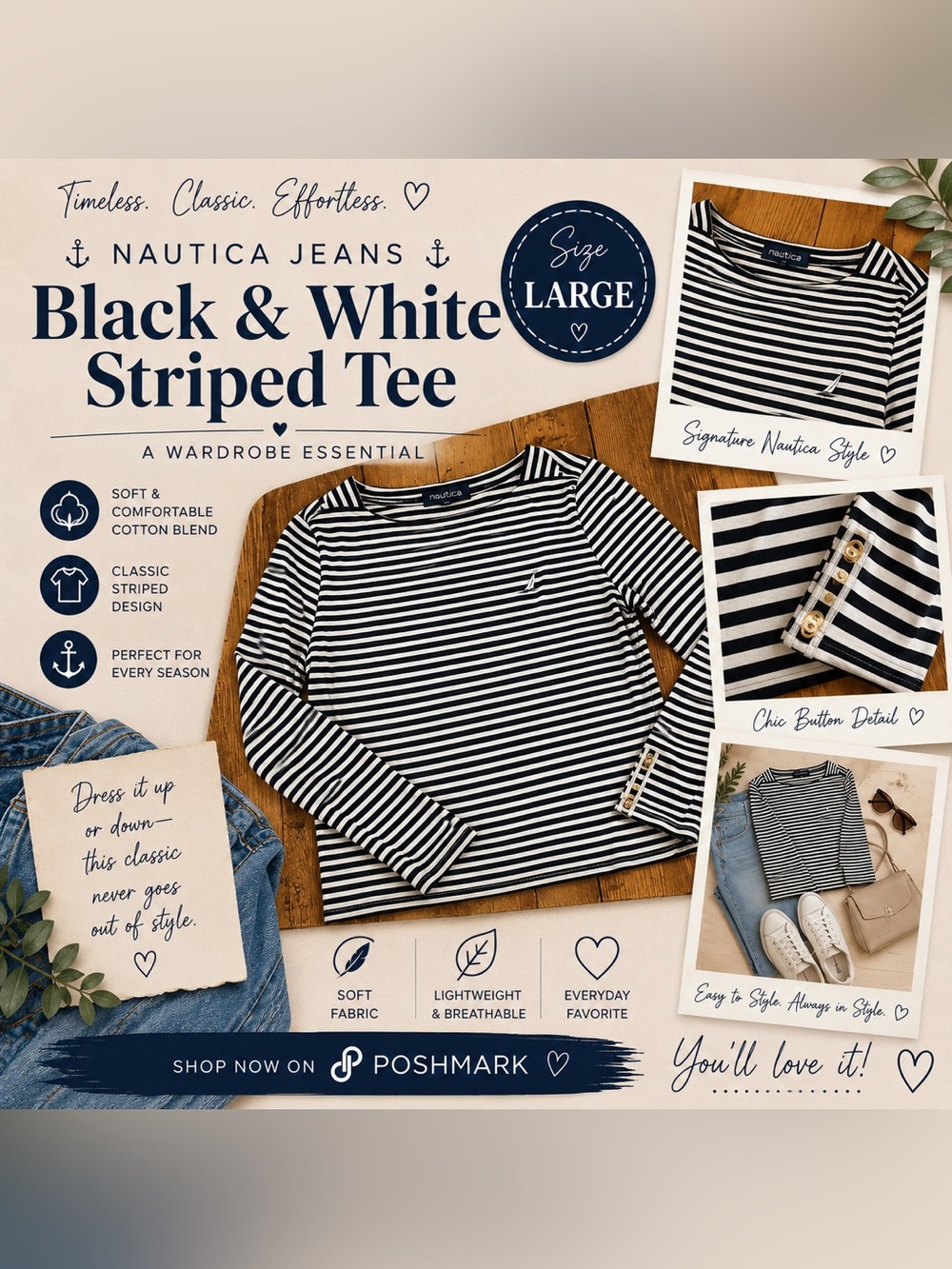 Nautica Black and White Striped Long Sleeve Tee